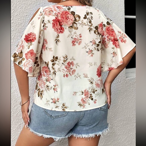 Boho Plus Size Floral Print Cut Out Cold Shoulder Top Blouse Shirt - Picture 3 of 7